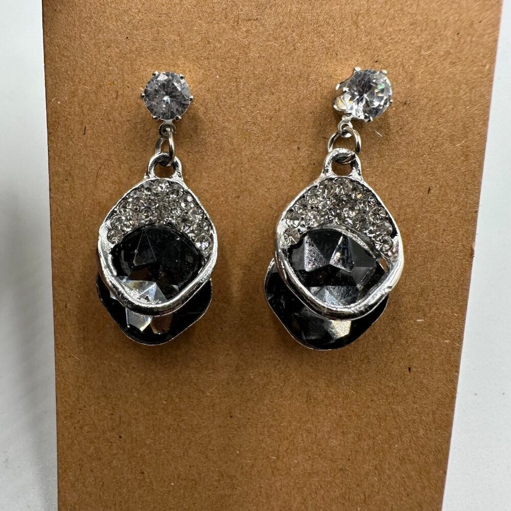 3/$30 Black Rhinestone Dangle Earrings Silver Sparkle Layered Drop Bling 1.5in
